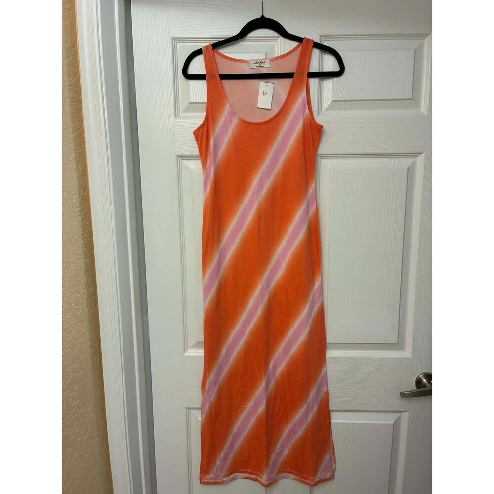 Zenana Women's Maxi Dress Medium Orange Pink Tie Dye Sleeveless Stretch NWT